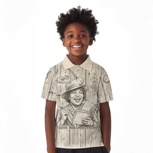 Zora Neale Hurston Kid Polo Shirt Rustic Wood Engraved Style Illustration Joyful Portrait with Book and Map Donkey - African Pride