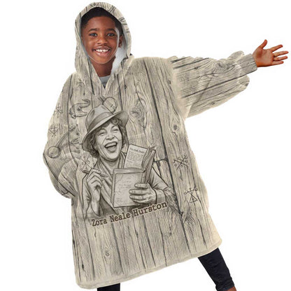 Zora Neale Hurston Kid Wearable Blanket Hoodie Rustic Wood Engraved Style Illustration Joyful Portrait with Book and Map Donkey - African Pride
