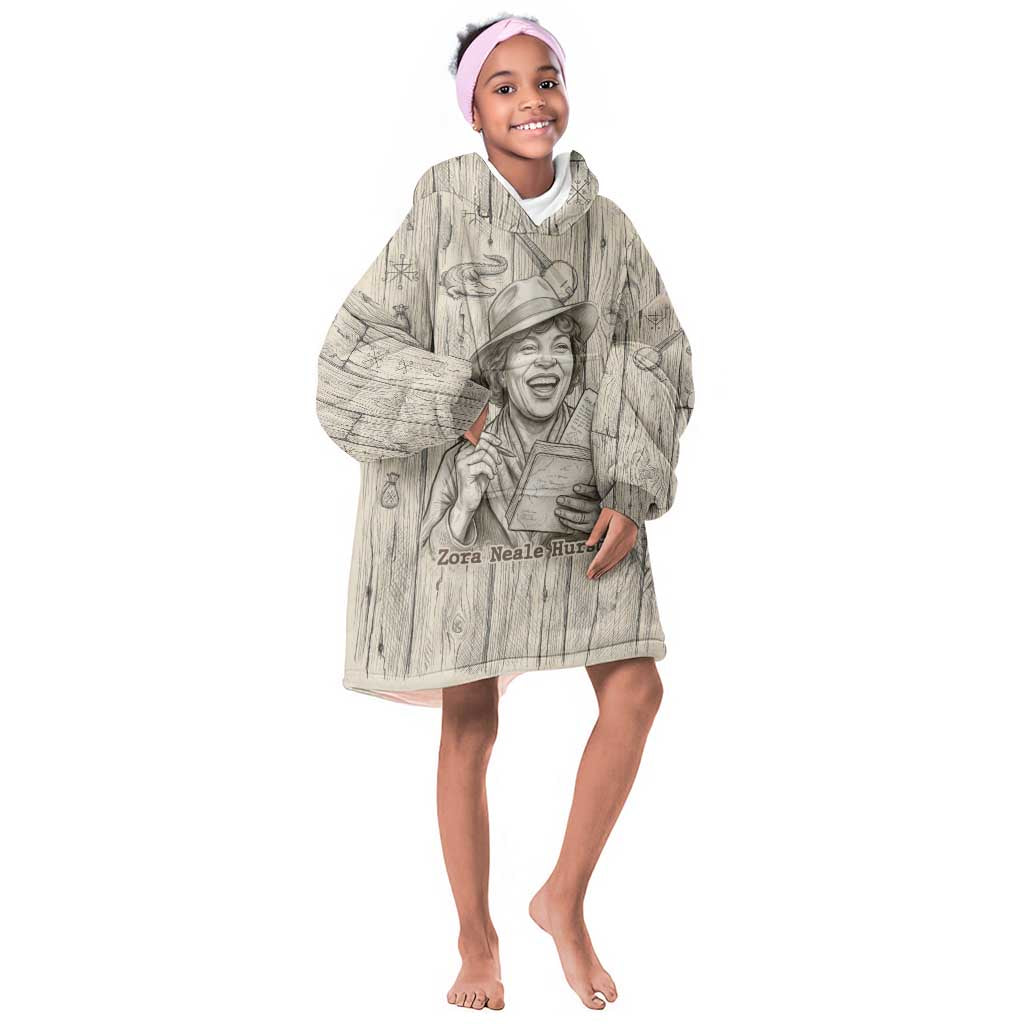 Zora Neale Hurston Kid Wearable Blanket Hoodie Rustic Wood Engraved Style Illustration Joyful Portrait with Book and Map Donkey - African Pride