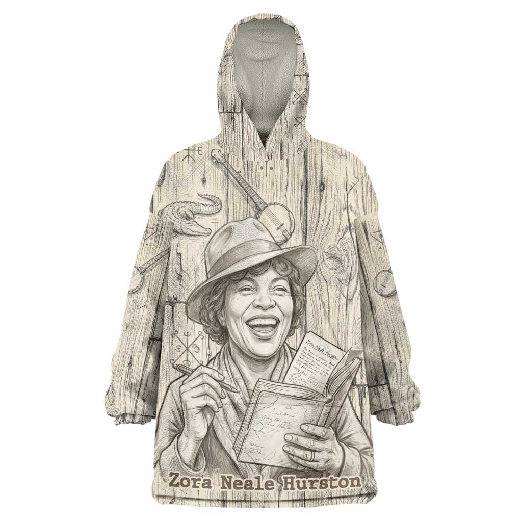 Zora Neale Hurston Kid Wearable Blanket Hoodie Rustic Wood Engraved Style Illustration Joyful Portrait with Book and Map Donkey - African Pride