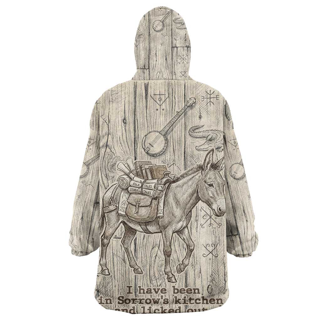 Zora Neale Hurston Kid Wearable Blanket Hoodie Rustic Wood Engraved Style Illustration Joyful Portrait with Book and Map Donkey - African Pride