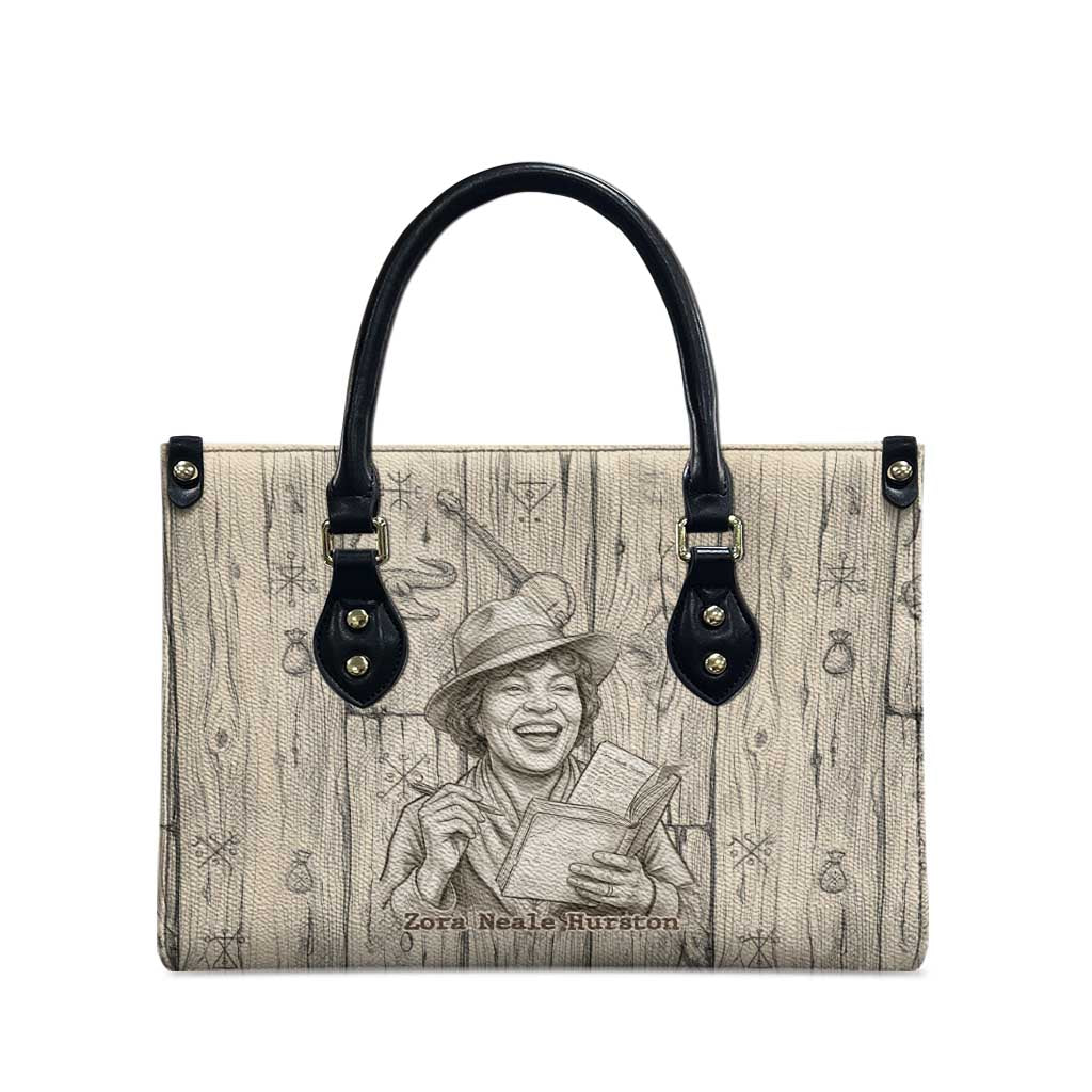 Zora Neale Hurston Leather Bag Rustic Wood Engraved Style Illustration Joyful Portrait with Book and Map Donkey - African Pride
