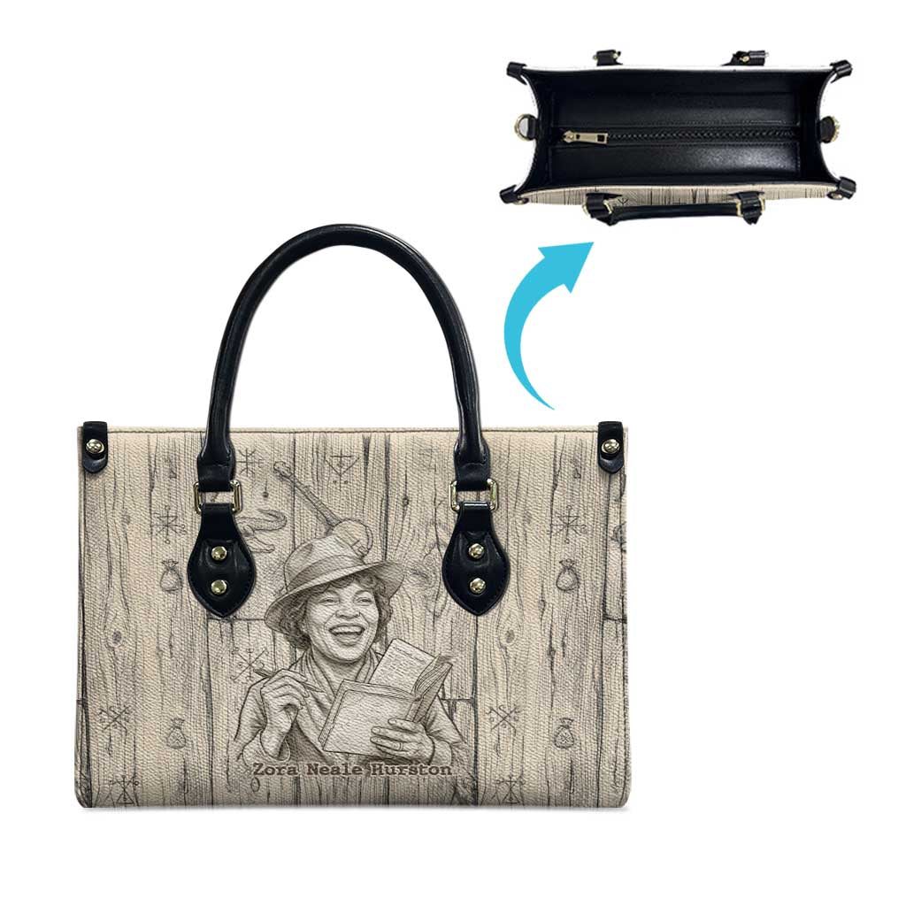 Zora Neale Hurston Leather Bag Rustic Wood Engraved Style Illustration Joyful Portrait with Book and Map Donkey - African Pride