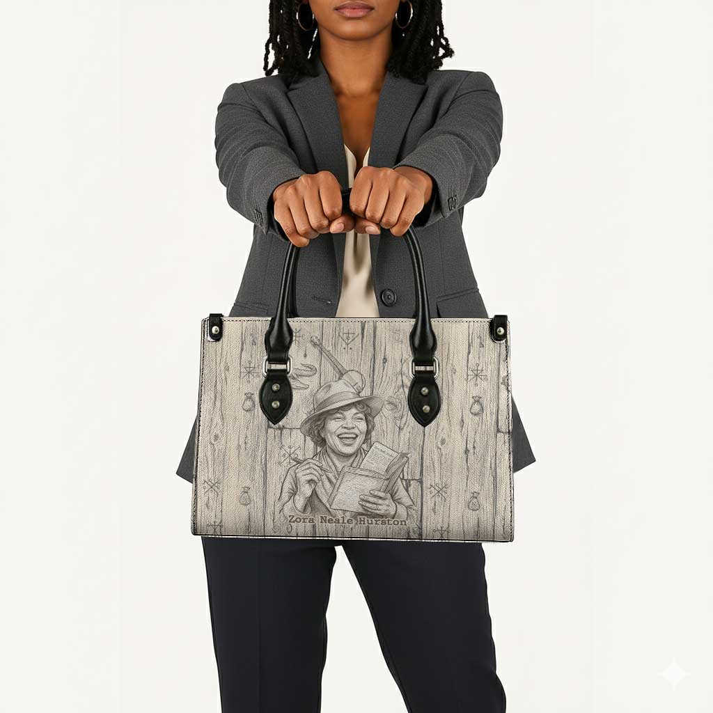 Zora Neale Hurston Leather Bag Rustic Wood Engraved Style Illustration Joyful Portrait with Book and Map Donkey - African Pride