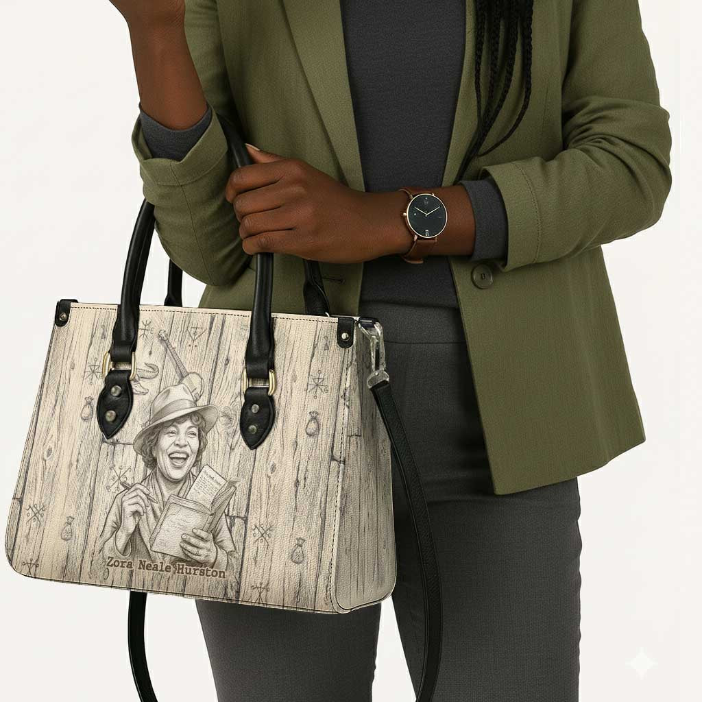 Zora Neale Hurston Leather Bag Rustic Wood Engraved Style Illustration Joyful Portrait with Book and Map Donkey - African Pride