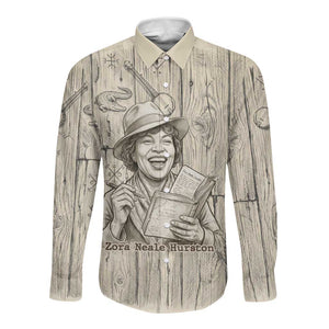 Zora Neale Hurston Long Sleeve Button Shirt Rustic Wood Engraved Style Illustration Joyful Portrait with Book and Map Donkey - African Pride