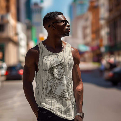 Zora Neale Hurston Men Tank Top Rustic Wood Engraved Style Illustration Joyful Portrait with Book and Map Donkey - African Pride