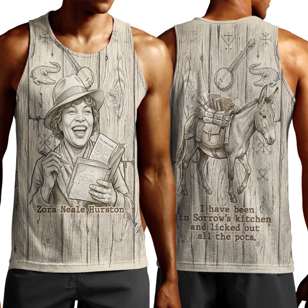 Zora Neale Hurston Men Tank Top Rustic Wood Engraved Style Illustration Joyful Portrait with Book and Map Donkey - African Pride