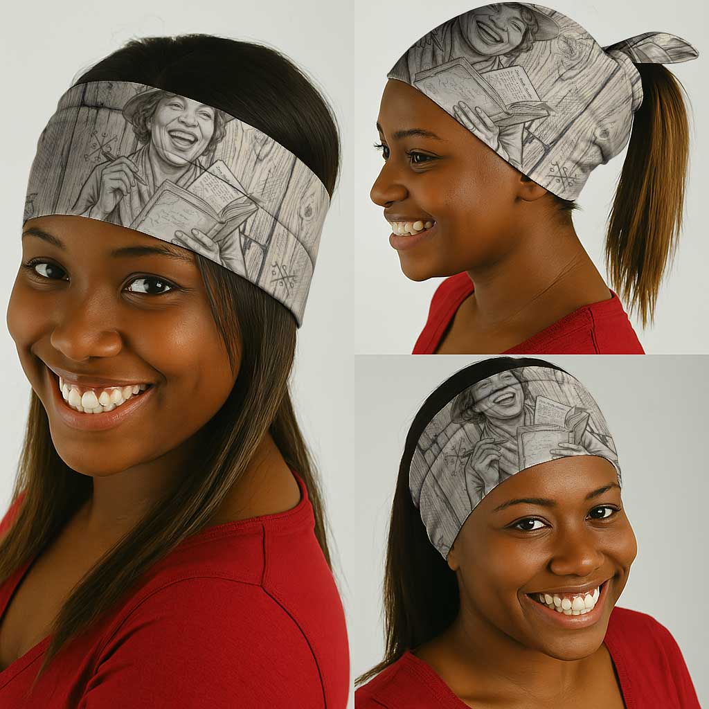 Zora Neale Hurston Neck Gaiter Rustic Wood Engraved Style Illustration Joyful Portrait with Book and Map Donkey - African Pride