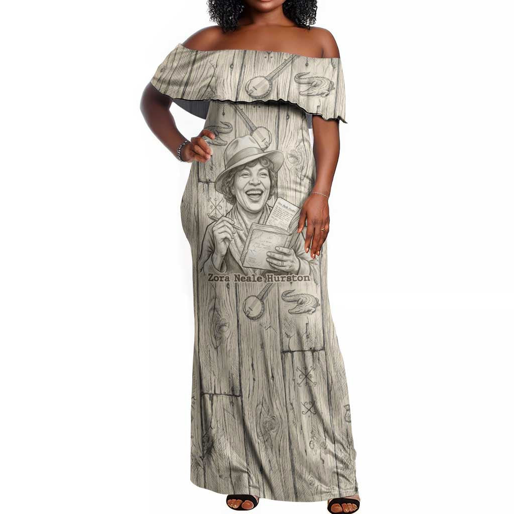 Zora Neale Hurston Off Shoulder Maxi Dress Rustic Wood Engraved Style Illustration Joyful Portrait with Book and Map Donkey - African Pride