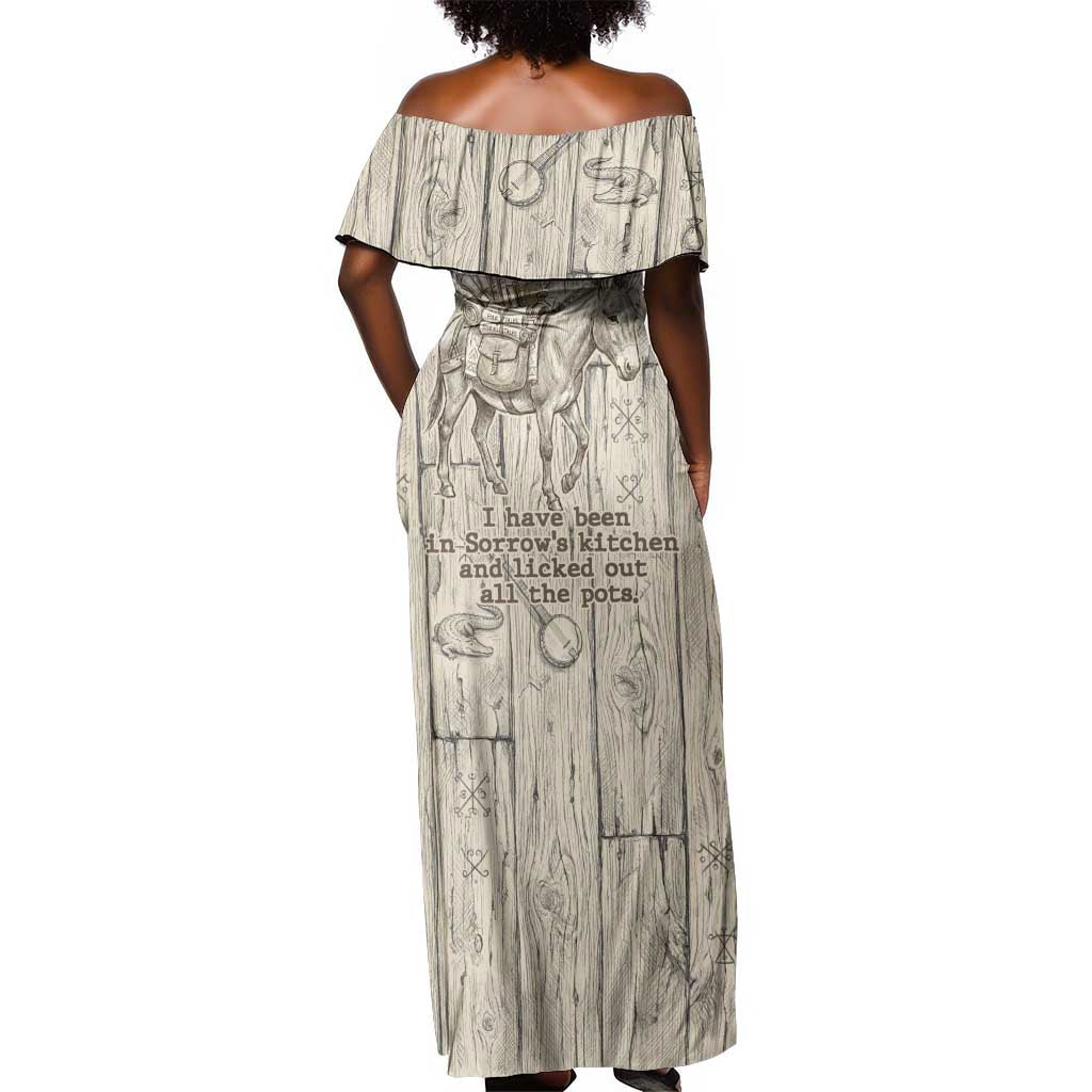 Zora Neale Hurston Off Shoulder Maxi Dress Rustic Wood Engraved Style Illustration Joyful Portrait with Book and Map Donkey - African Pride