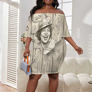 Zora Neale Hurston Off Shoulder Short Dress Rustic Wood Engraved Style Illustration Joyful Portrait with Book and Map Donkey - African Pride