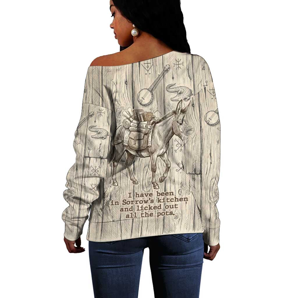 Zora Neale Hurston Off Shoulder Sweater Rustic Wood Engraved Style Illustration Joyful Portrait with Book and Map Donkey - African Pride