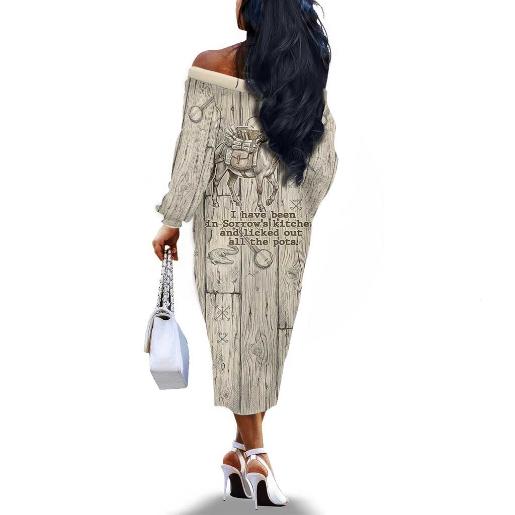 Zora Neale Hurston Off The Shoulder Long Sleeve Dress Rustic Wood Engraved Style Illustration Joyful Portrait with Book and Map Donkey - African Pride