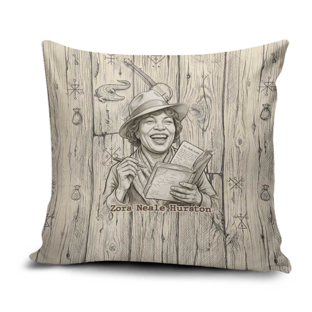 Zora Neale Hurston Pillow Cover Rustic Wood Engraved Style Illustration Joyful Portrait with Book and Map Donkey - African Pride