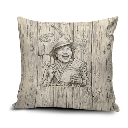 Zora Neale Hurston Pillow Cover Rustic Wood Engraved Style Illustration Joyful Portrait with Book and Map Donkey - African Pride