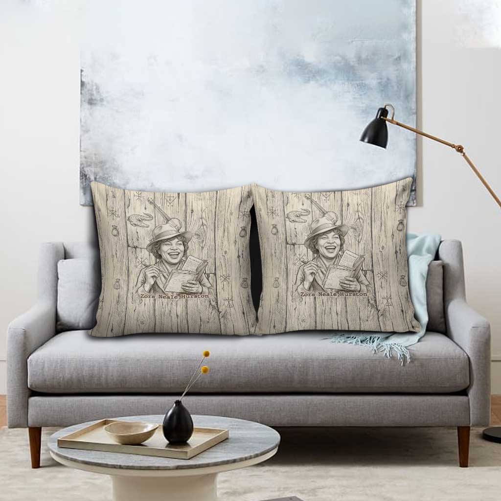Zora Neale Hurston Pillow Cover Rustic Wood Engraved Style Illustration Joyful Portrait with Book and Map Donkey - African Pride