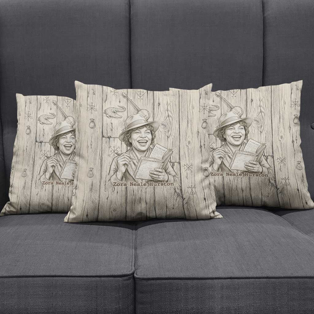 Zora Neale Hurston Pillow Cover Rustic Wood Engraved Style Illustration Joyful Portrait with Book and Map Donkey - African Pride