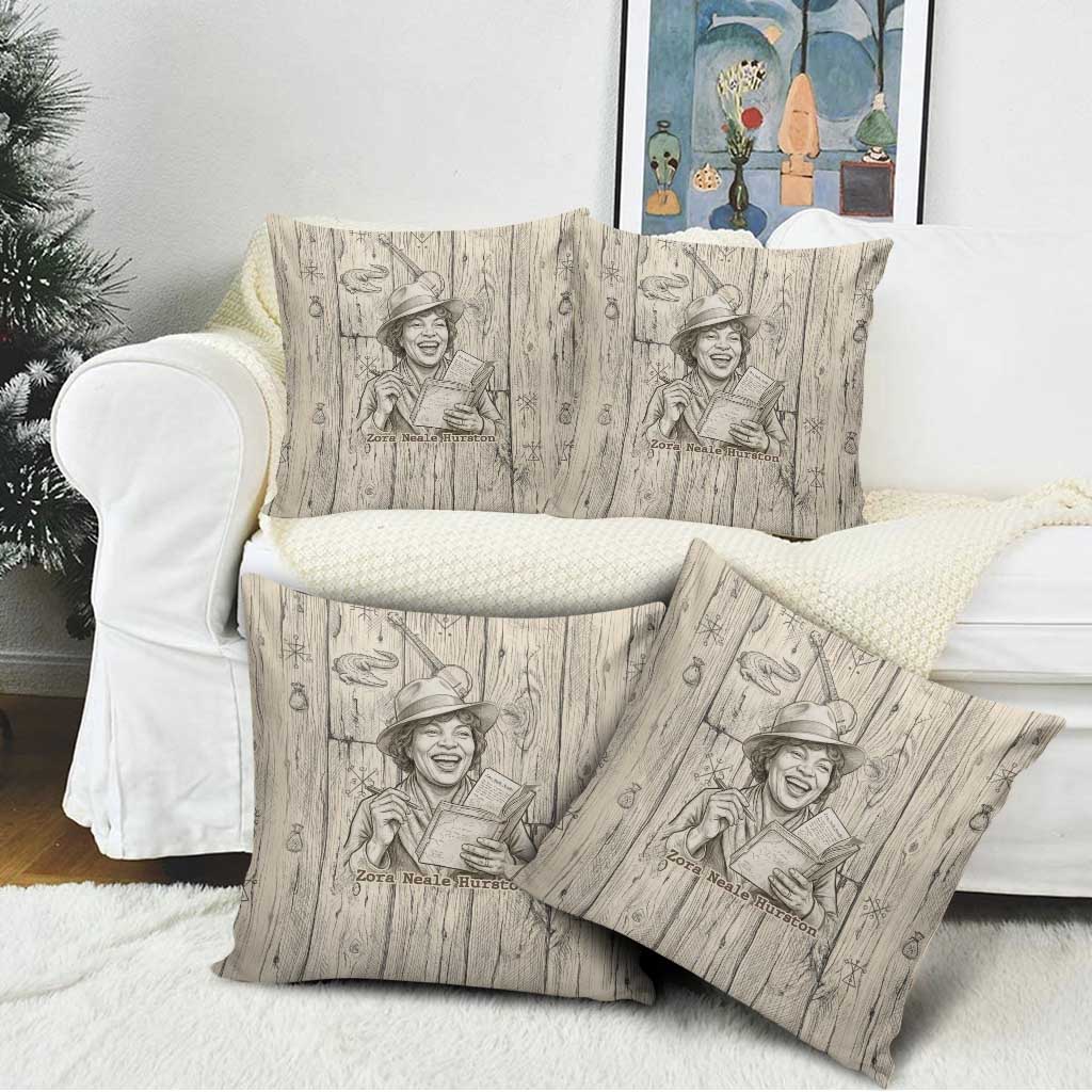 Zora Neale Hurston Pillow Cover Rustic Wood Engraved Style Illustration Joyful Portrait with Book and Map Donkey - African Pride