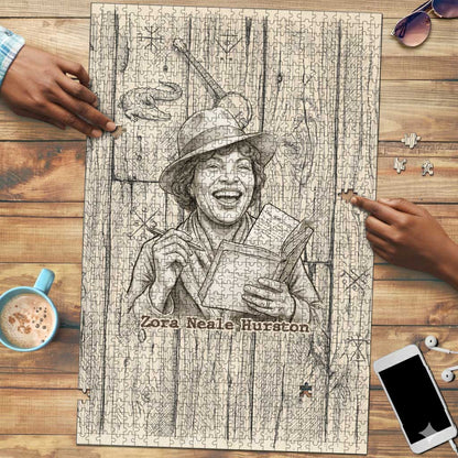 Zora Neale Hurston Puzzle Rustic Wood Engraved Style Illustration Joyful Portrait with Book and Map Donkey - African Pride