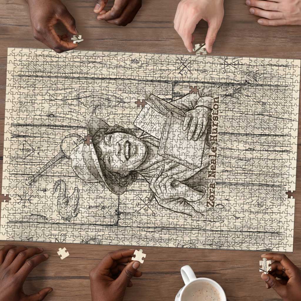 Zora Neale Hurston Puzzle Rustic Wood Engraved Style Illustration Joyful Portrait with Book and Map Donkey - African Pride