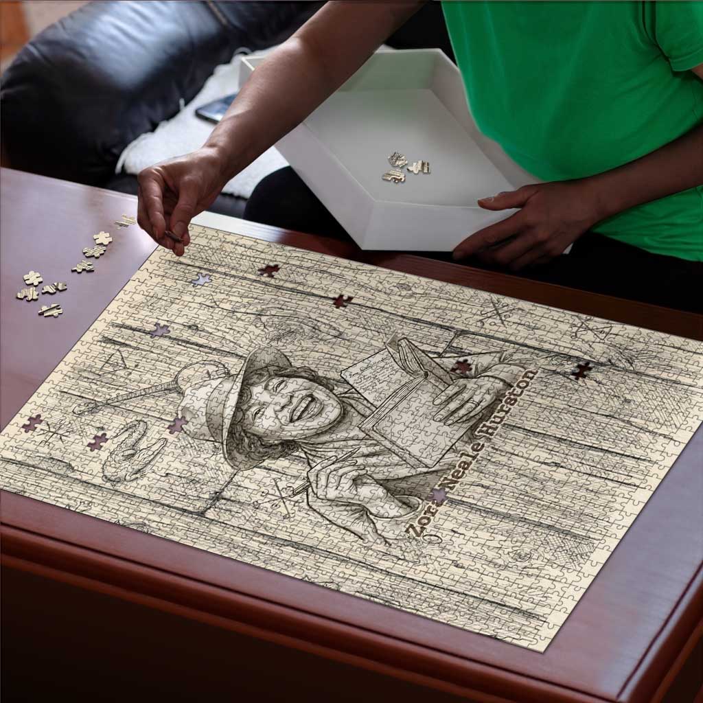 Zora Neale Hurston Puzzle Rustic Wood Engraved Style Illustration Joyful Portrait with Book and Map Donkey - African Pride