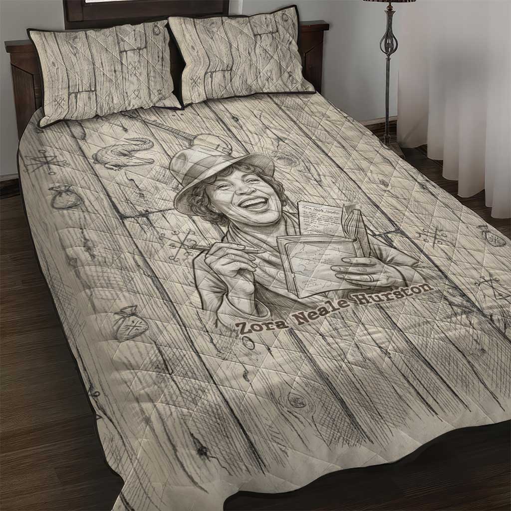 Zora Neale Hurston Quilt Bed Set Rustic Wood Engraved Style Illustration Joyful Portrait with Book and Map Donkey - African Pride