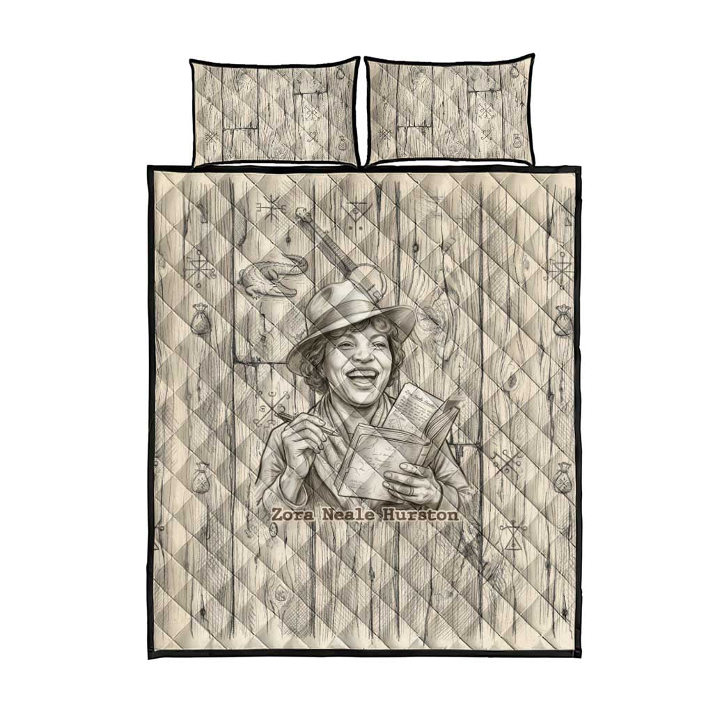 Zora Neale Hurston Quilt Bed Set Rustic Wood Engraved Style Illustration Joyful Portrait with Book and Map Donkey - African Pride