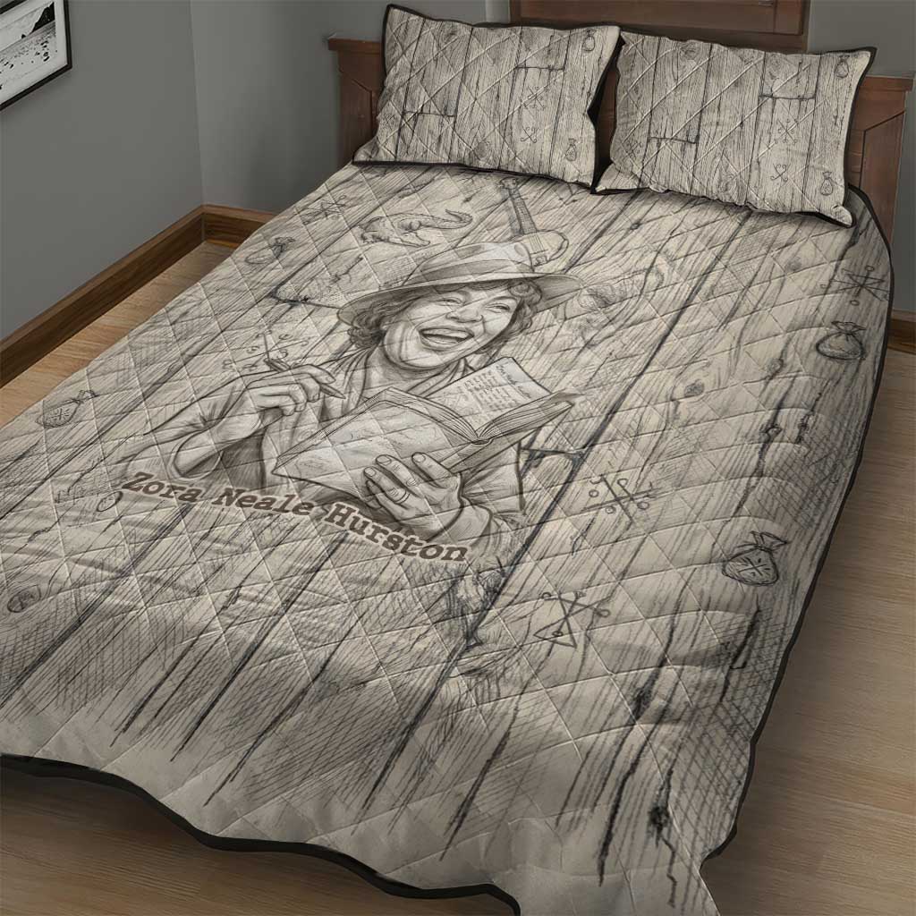 Zora Neale Hurston Quilt Bed Set Rustic Wood Engraved Style Illustration Joyful Portrait with Book and Map Donkey - African Pride