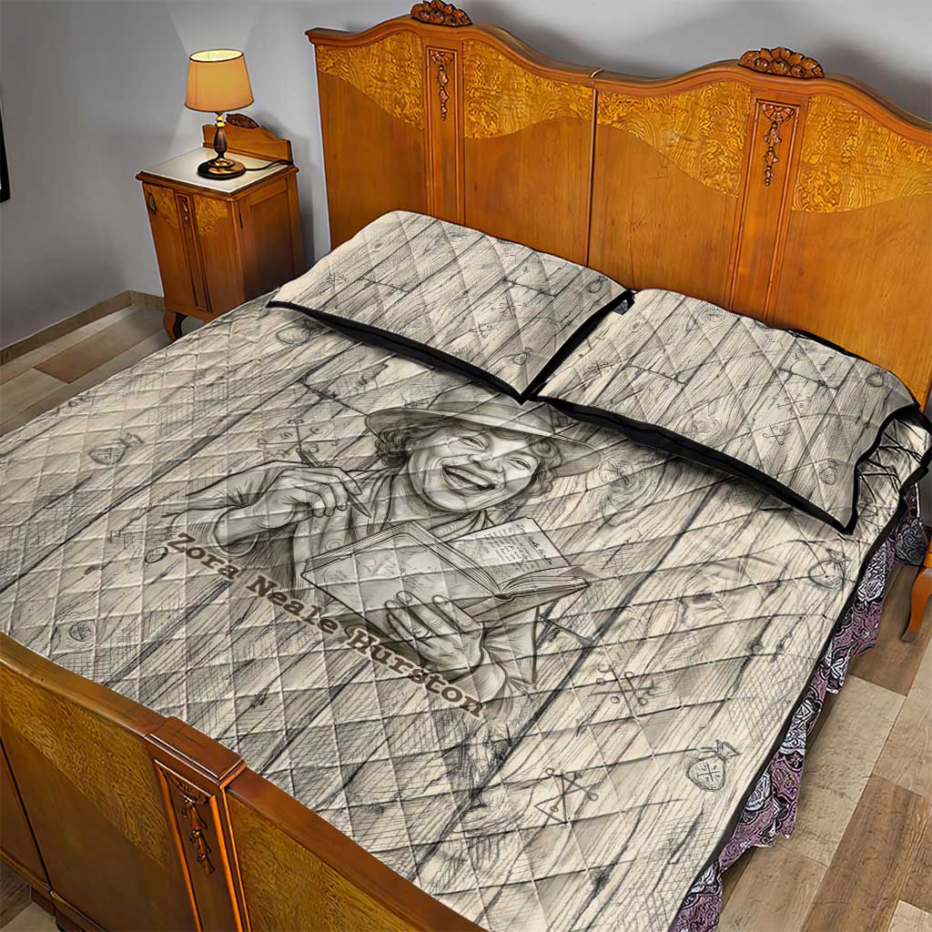 Zora Neale Hurston Quilt Bed Set Rustic Wood Engraved Style Illustration Joyful Portrait with Book and Map Donkey - African Pride
