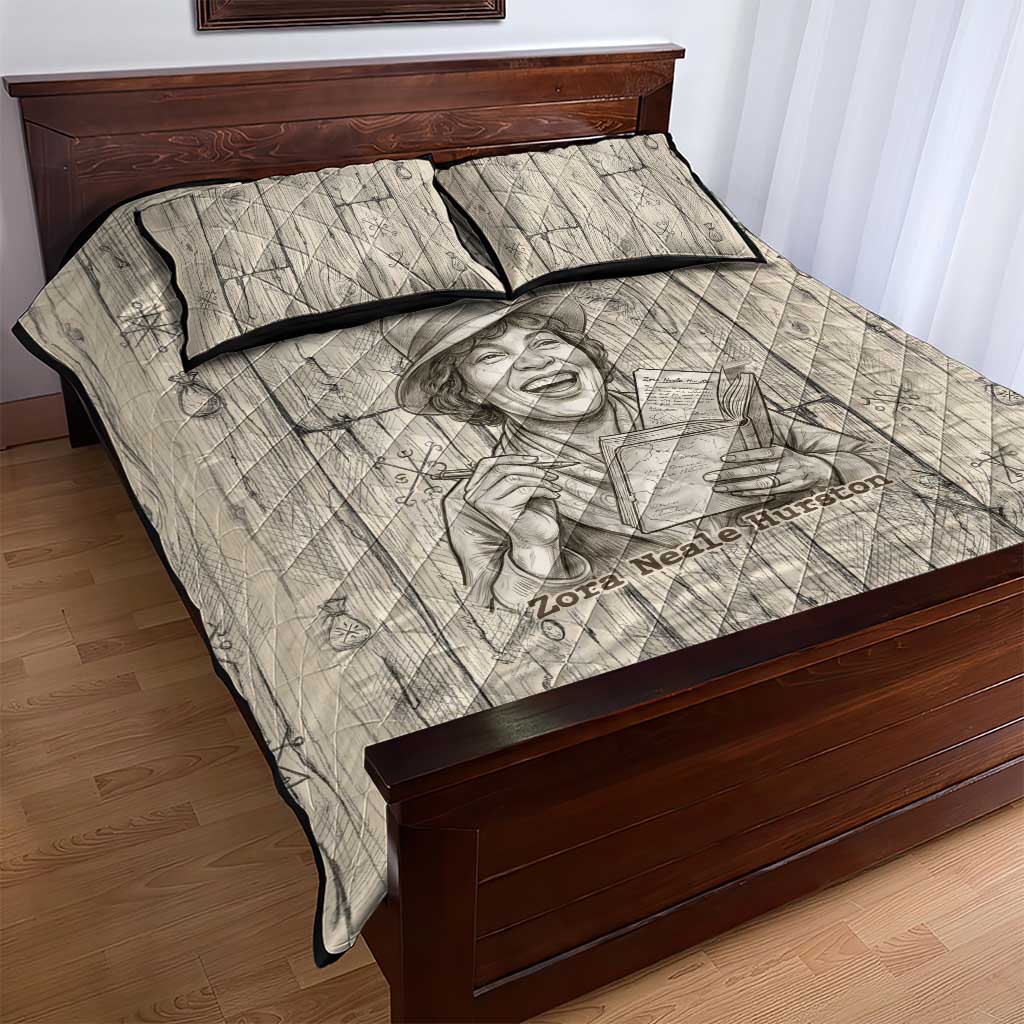 Zora Neale Hurston Quilt Bed Set Rustic Wood Engraved Style Illustration Joyful Portrait with Book and Map Donkey - African Pride