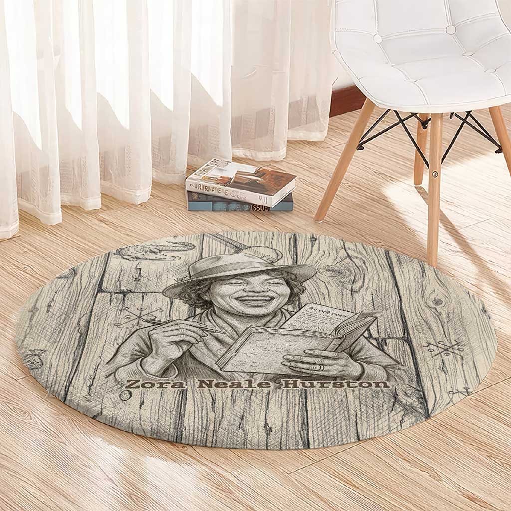 Zora Neale Hurston Round Carpet Rustic Wood Engraved Style Illustration Joyful Portrait with Book and Map Donkey - African Pride
