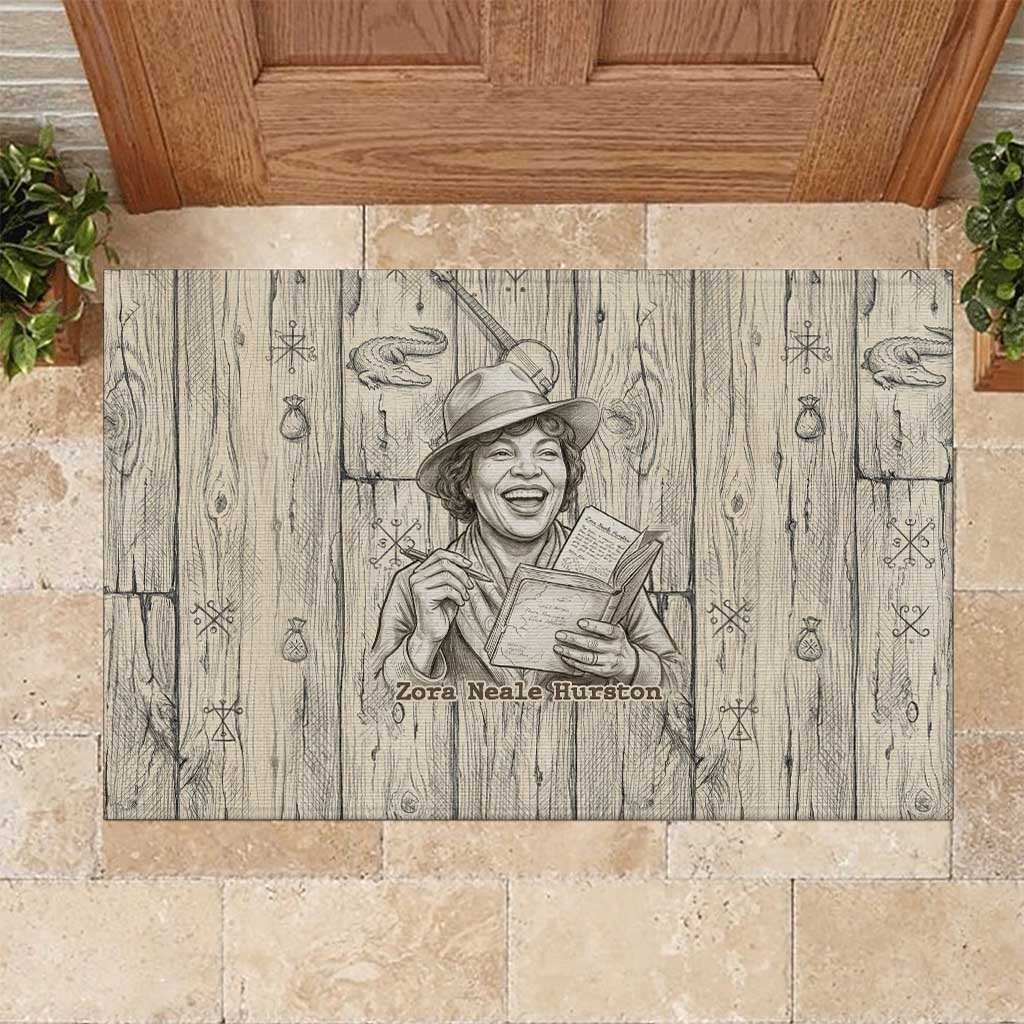 Zora Neale Hurston Rubber Doormat Rustic Wood Engraved Style Illustration Joyful Portrait with Book and Map Donkey - African Pride