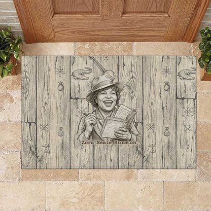 Zora Neale Hurston Rubber Doormat Rustic Wood Engraved Style Illustration Joyful Portrait with Book and Map Donkey - African Pride