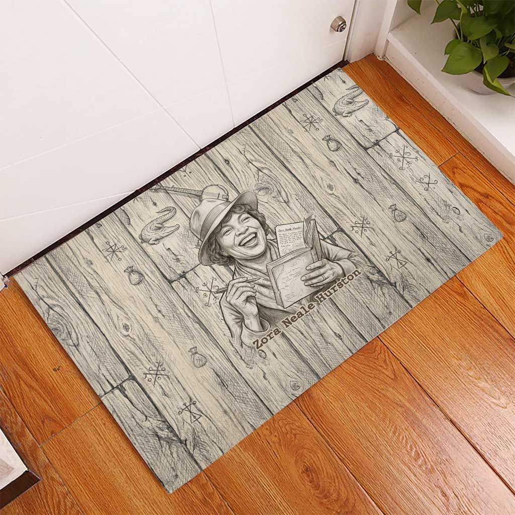 Zora Neale Hurston Rubber Doormat Rustic Wood Engraved Style Illustration Joyful Portrait with Book and Map Donkey - African Pride