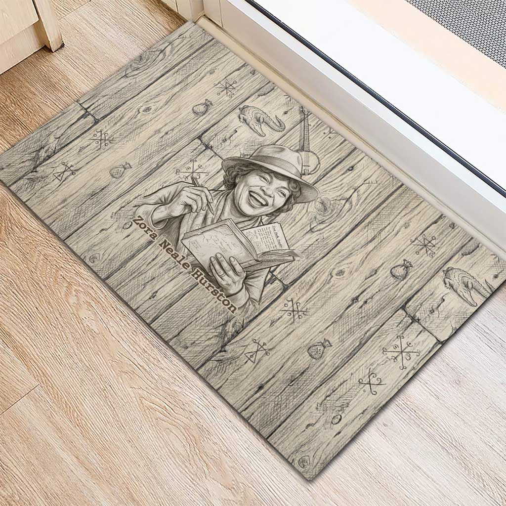 Zora Neale Hurston Rubber Doormat Rustic Wood Engraved Style Illustration Joyful Portrait with Book and Map Donkey - African Pride