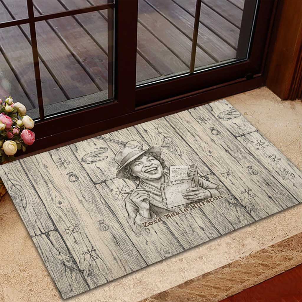Zora Neale Hurston Rubber Doormat Rustic Wood Engraved Style Illustration Joyful Portrait with Book and Map Donkey - African Pride