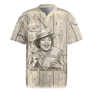 Zora Neale Hurston Rugby Jersey Rustic Wood Engraved Style Illustration Joyful Portrait with Book and Map Donkey - African Pride
