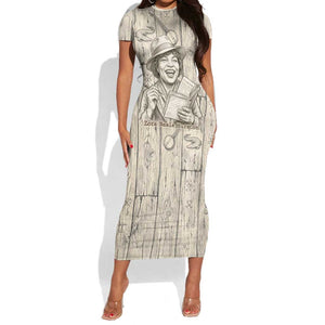 Zora Neale Hurston Short Sleeve Bodycon Dress Rustic Wood Engraved Style Illustration Joyful Portrait with Book and Map Donkey - African Pride