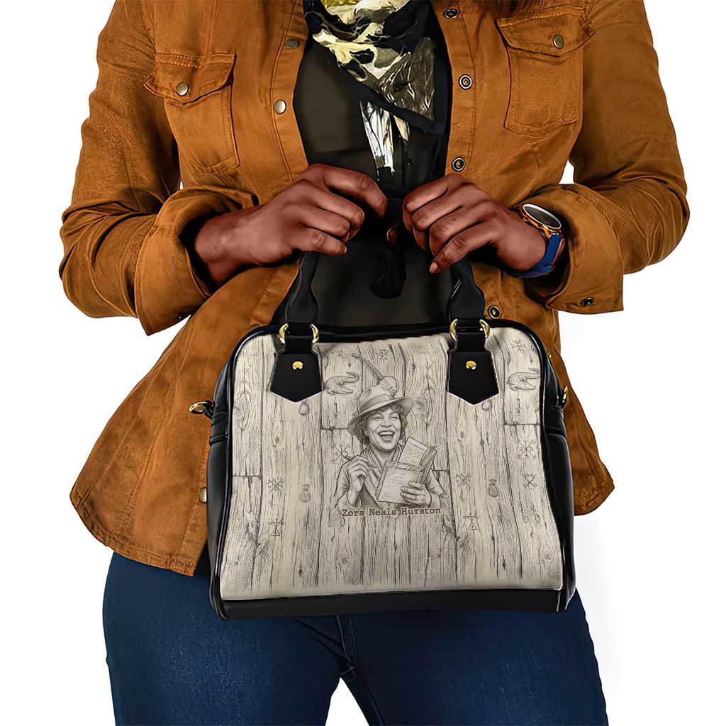 Zora Neale Hurston Shoulder Handbag Rustic Wood Engraved Style Illustration Joyful Portrait with Book and Map Donkey - African Pride