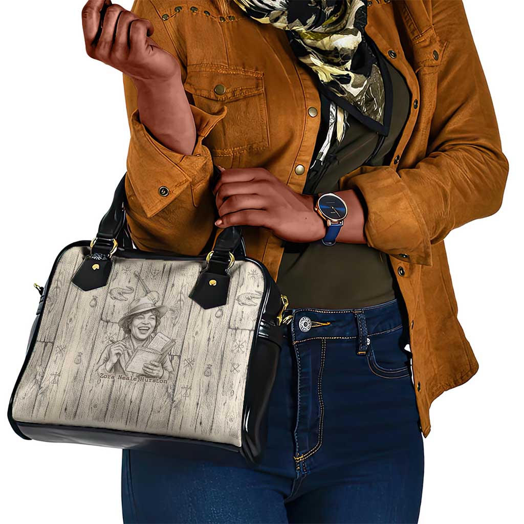 Zora Neale Hurston Shoulder Handbag Rustic Wood Engraved Style Illustration Joyful Portrait with Book and Map Donkey - African Pride