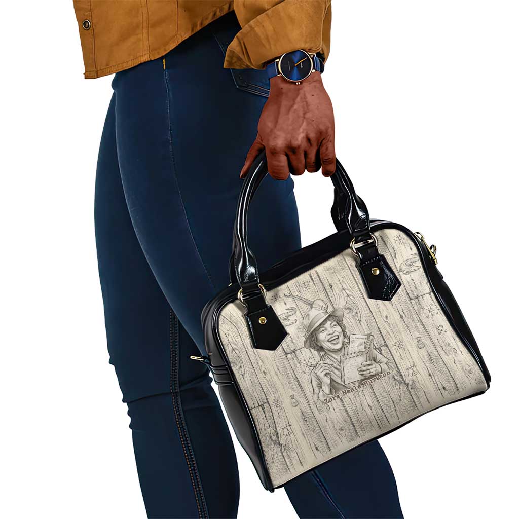 Zora Neale Hurston Shoulder Handbag Rustic Wood Engraved Style Illustration Joyful Portrait with Book and Map Donkey - African Pride