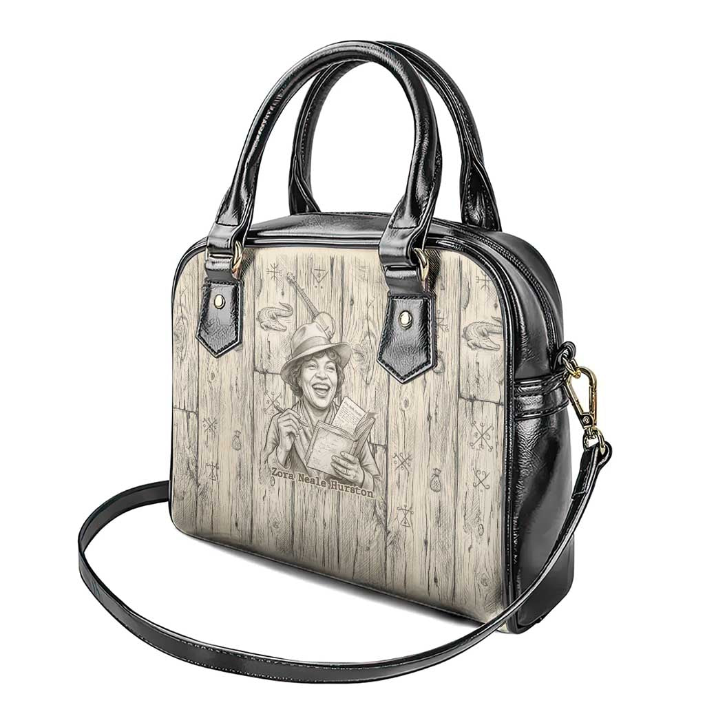 Zora Neale Hurston Shoulder Handbag Rustic Wood Engraved Style Illustration Joyful Portrait with Book and Map Donkey - African Pride