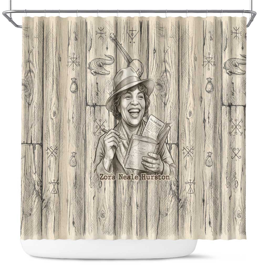 Zora Neale Hurston Shower Curtain Rustic Wood Engraved Style Illustration Joyful Portrait with Book and Map Donkey - African Pride