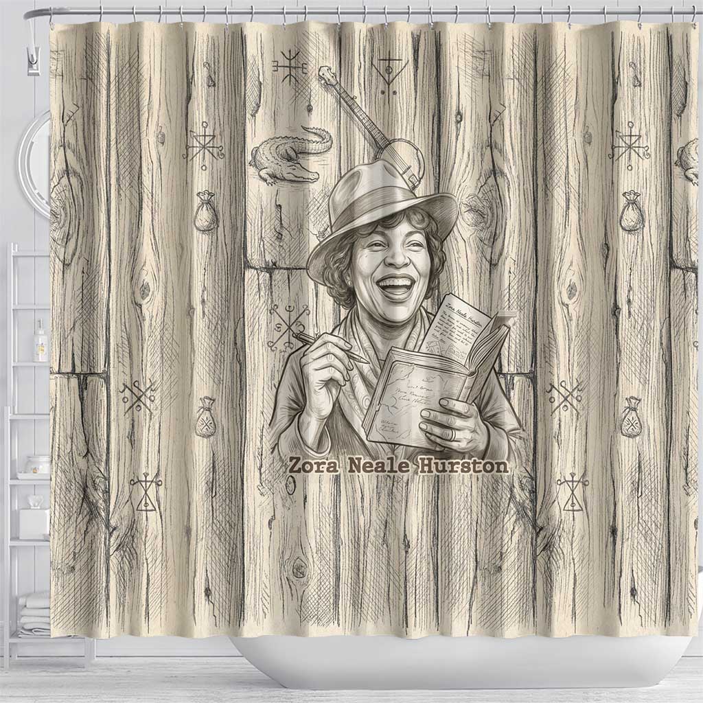Zora Neale Hurston Shower Curtain Rustic Wood Engraved Style Illustration Joyful Portrait with Book and Map Donkey - African Pride