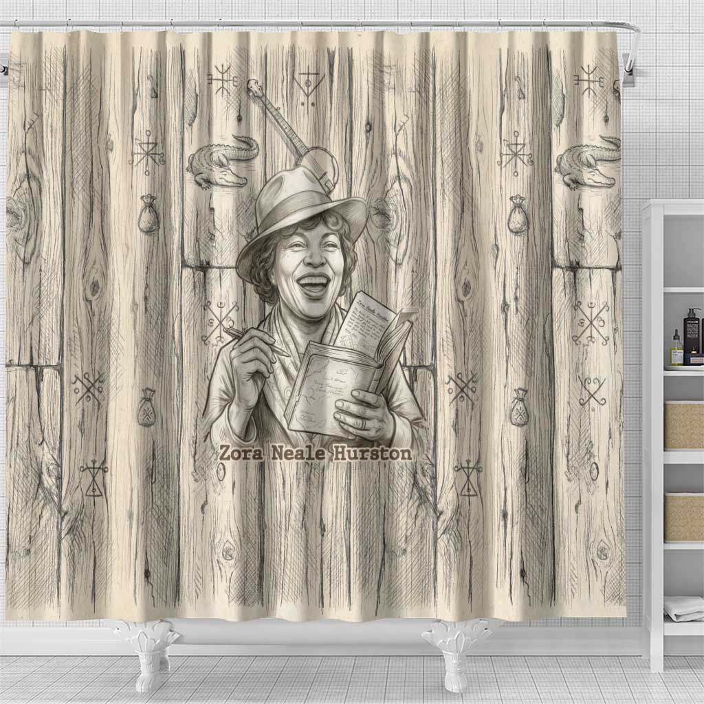 Zora Neale Hurston Shower Curtain Rustic Wood Engraved Style Illustration Joyful Portrait with Book and Map Donkey - African Pride