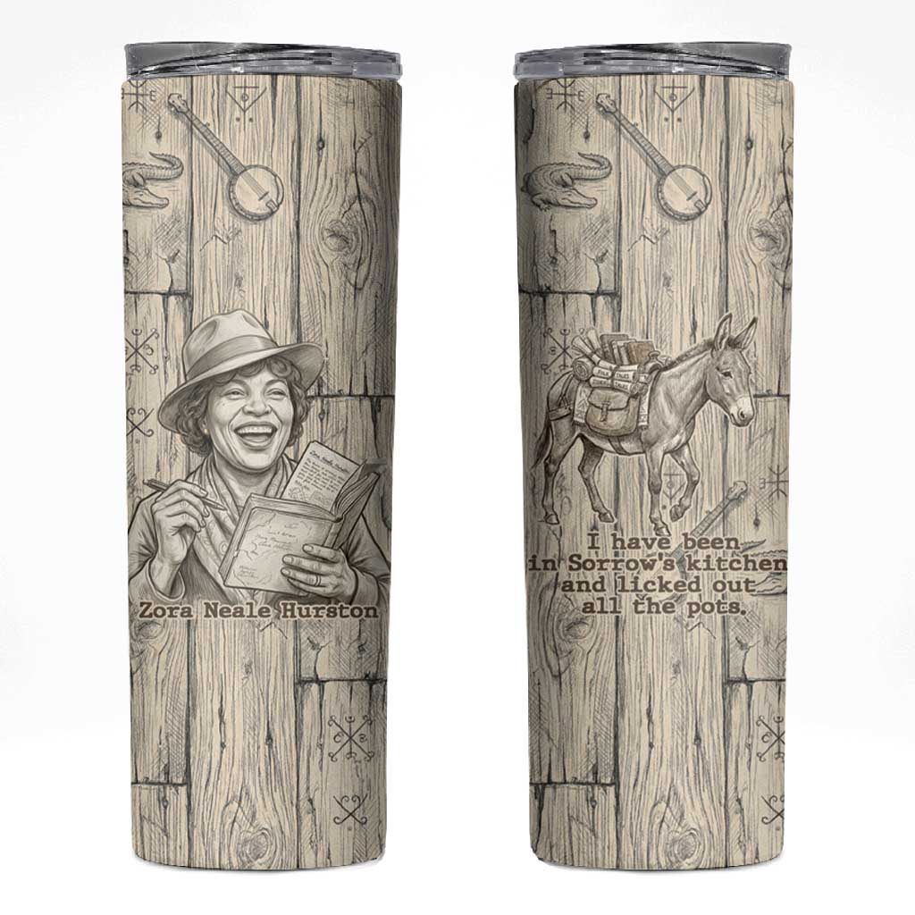 Zora Neale Hurston Skinny Tumbler Rustic Wood Engraved Style Illustration Joyful Portrait with Book and Map Donkey - African Pride