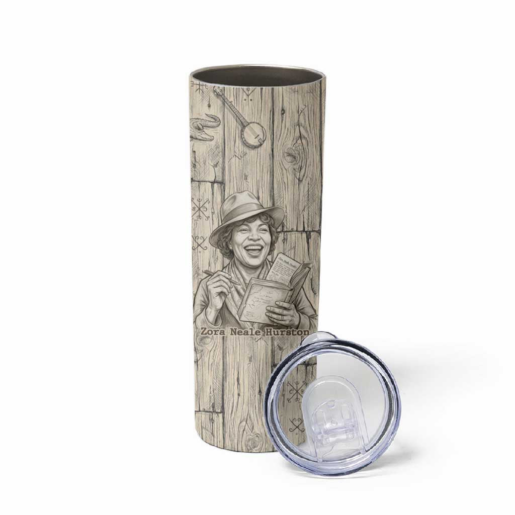 Zora Neale Hurston Skinny Tumbler Rustic Wood Engraved Style Illustration Joyful Portrait with Book and Map Donkey - African Pride