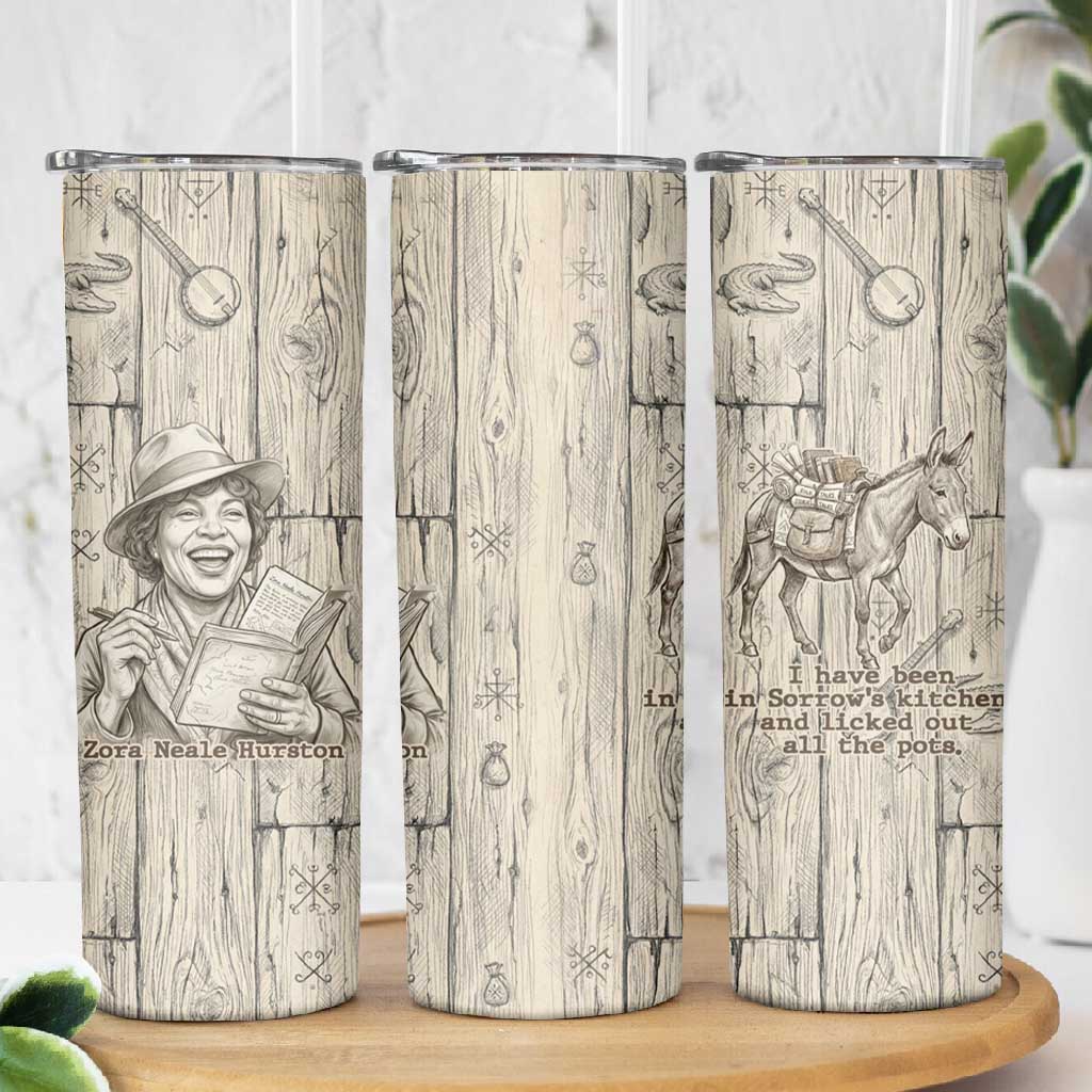 Zora Neale Hurston Skinny Tumbler Rustic Wood Engraved Style Illustration Joyful Portrait with Book and Map Donkey - African Pride