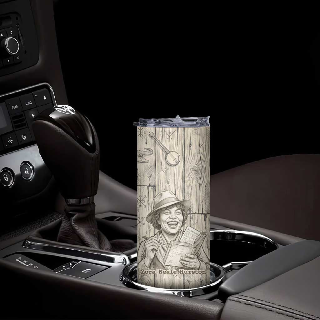 Zora Neale Hurston Skinny Tumbler Rustic Wood Engraved Style Illustration Joyful Portrait with Book and Map Donkey - African Pride